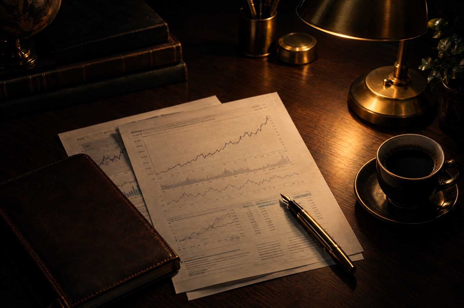 Printed market research pages on a dark desk under a brass lamp