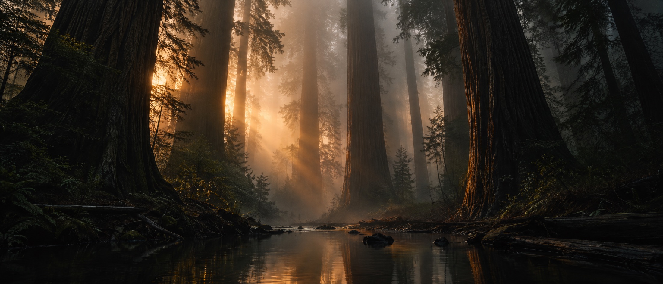 Sunlight breaking through fog between giant redwood trunks above a still creek